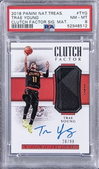 2018-19 Panini National Treasures Clutch Factor #TYG Trae Young Signed Jersey Card (#20/99) - PSA NM-MT 8